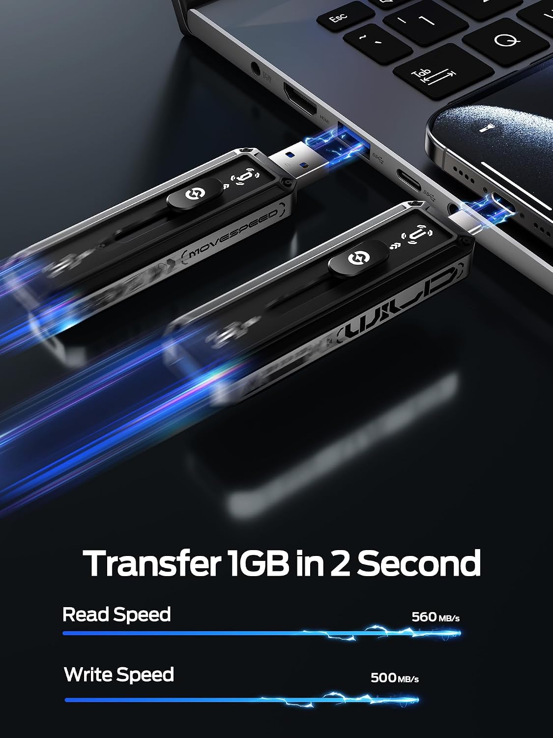 MOVE SPEED USB Drive 1TB External SSD 560MB/s Read Speed, USB 3.2+USB C Dual Ports External Drive, Portable SSD 3-Stage Push-Pull Design for iPhone 15/16/17 Series/Mac/Android - Image 2