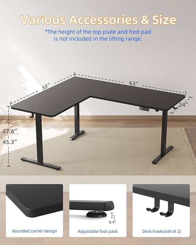 YIHAYO L Shaped Standing Desk Adjustable Height, 63 x 55 Inches Electric Corner Standing Desk with Splice Board, Computer Desk for Home Office, Black - Image 6