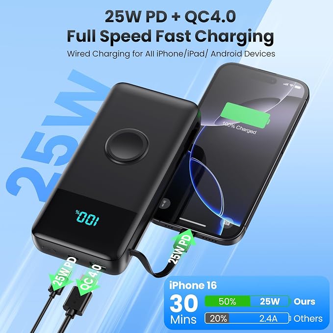 AONIMI Portable Charger 40800mAh Power Bank with 2 Built in Cables, 25W PD QC4.0 Fast Charging USB C Battery Pack, 5 Output 2 Input Phone Charger for iPhone 17/16/15,Android (Black) - Image 4