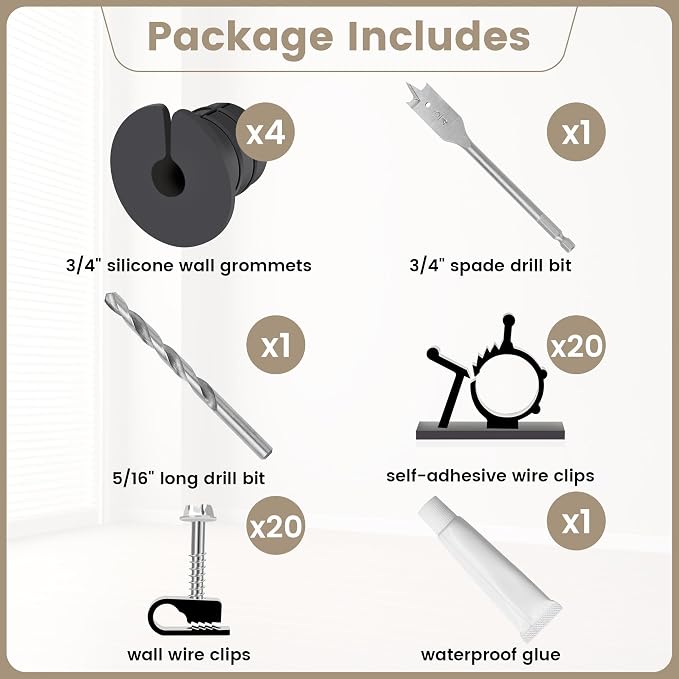 Starlink Cable Grommet Routing Kit for 3/4 inch Wall Hole, 4PCS Wall Grommets Accessories Including 3/4" Spade Drill Bit, Drill bit, and 40 Wall Wire Clips - Image 2