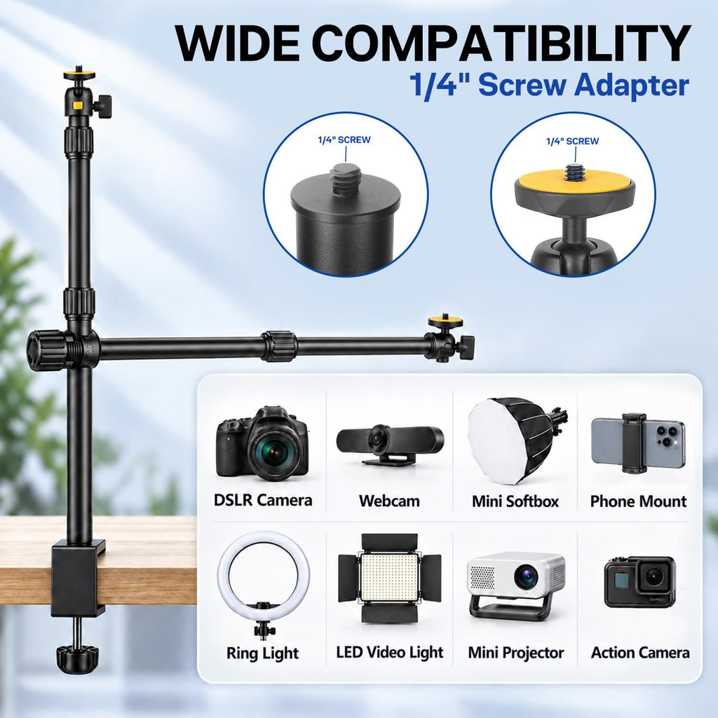 Camera Desk Mount Table Stand with Boom Arm and 1/4" Ball Head, Phone Desk Mount, Overhead Webcam Mount, Adjustable Light Stand Tabletop C Clamp for DSLR Ring Light Live Streaming Photo Video - Image 5