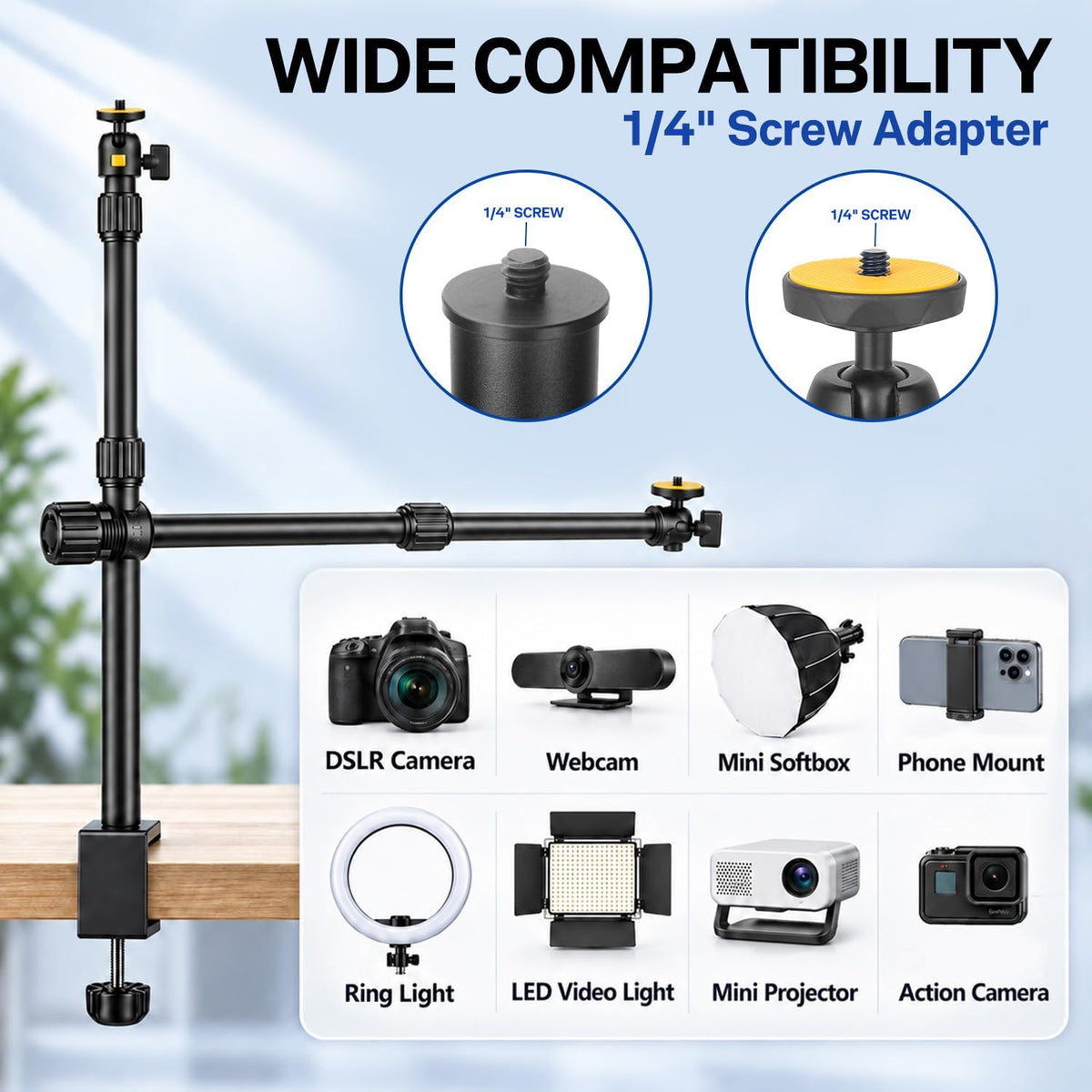 Camera Desk Mount Table Stand with Boom Arm and 1/4" Ball Head, Phone Desk Mount, Overhead Webcam Mount, Adjustable Light Stand Tabletop C Clamp for DSLR Ring Light Live Streaming Photo Video - Image 5