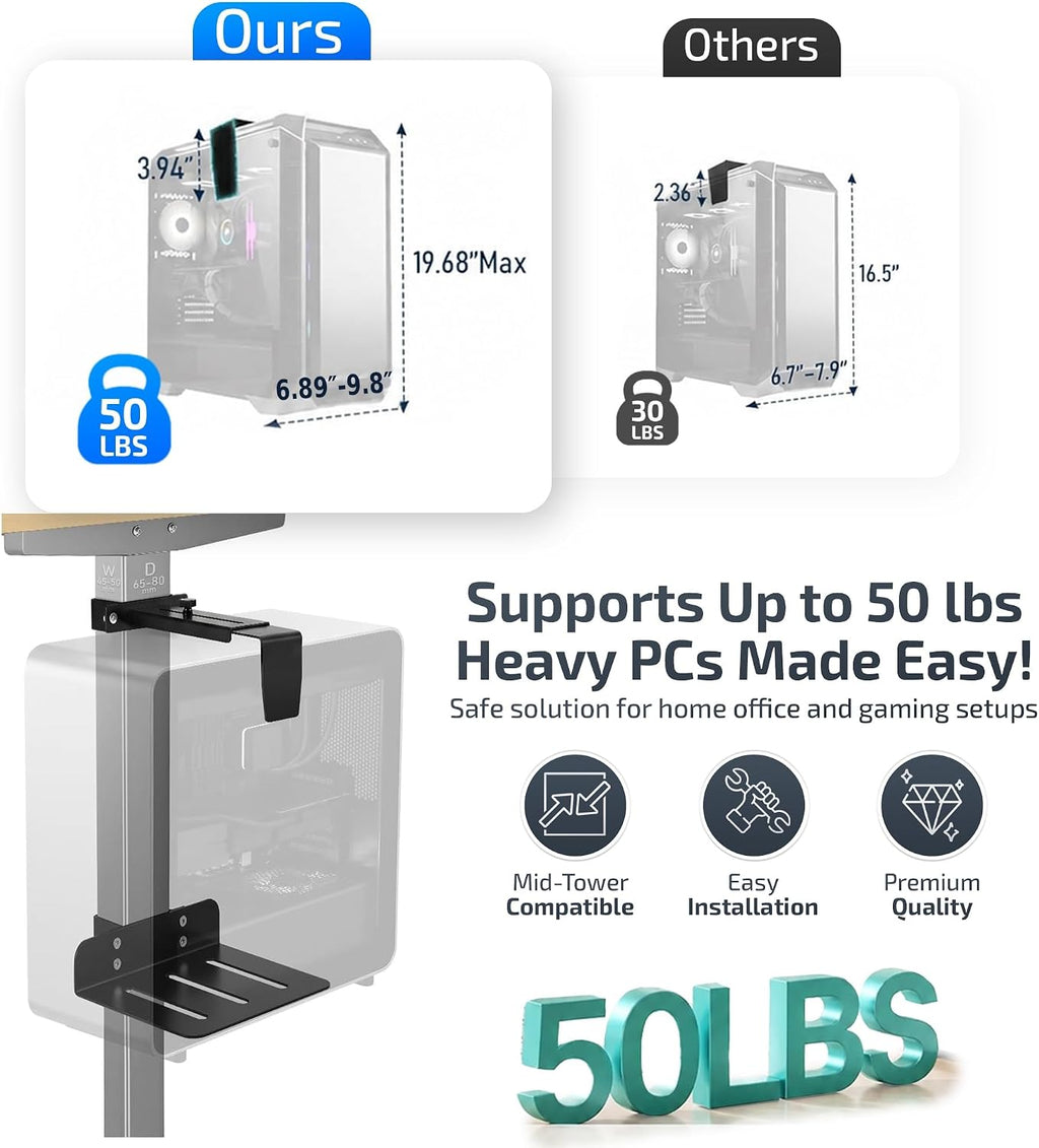 Adjustable No Drill Under Desk PC Mount Stand, 50lb Capacity - Image 3