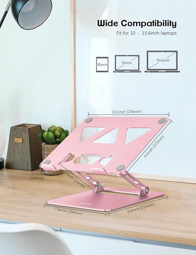 Aoviho Laptop Stand Holder, Adjustable Desk Laptop Riser, Foldable Notebook Computer Stands for MacBook Air Pro HP Lenovo Dell Samsung Chromebook, Up to 15.6 inch, Rose Gold - Image 5