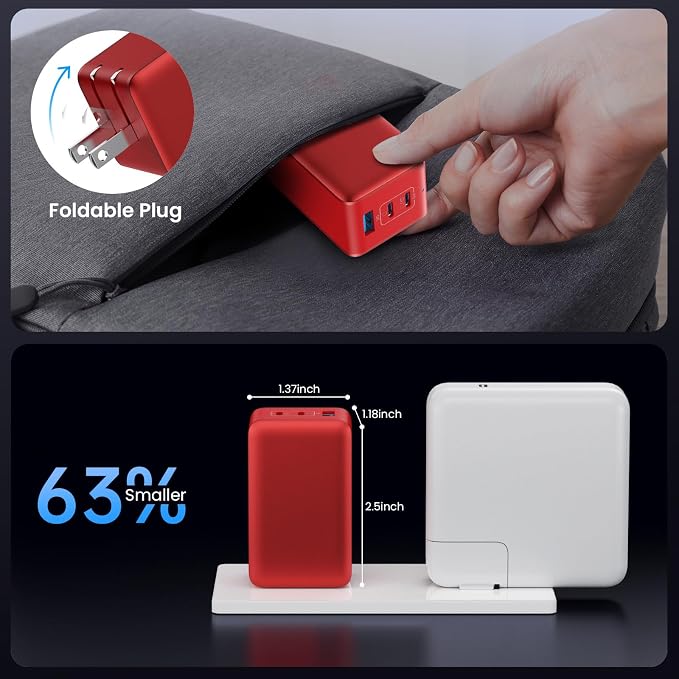 128W USB C Wall Charger,GaN III 3-Port Fast Charging Station,PD QC Foldable Charger Block Portable 65W Laptop Adapter for MacBook Pro/Air,iPad Pro,Galaxy S23,Dell XPS 13,iPhone 17/16/Pro etc - Image 6