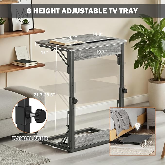 Folding TV Tray Table, Adjustable Height TV Trays for Eating on Couch | TV dinner tray table with tablet & phone slots,c shaped end table,laptop desk for sofa,bedside,recliner,dining,working,gaming - Image 3