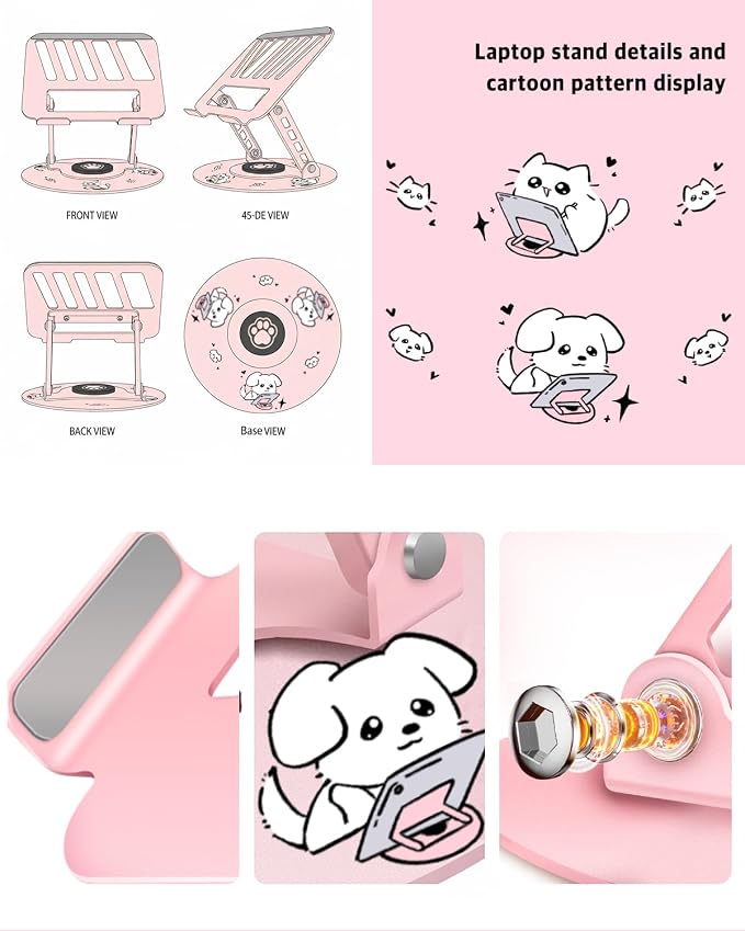 Upgraded Pink Swivel Laptop Stand - 360° Rotating Base & Foldable|Cute Dog Patterns for Healing Vibe|Fits MacBook & 13-15" Laptops|Ideal for Desk Work,Office,Travel,Home,Painting - Image 7