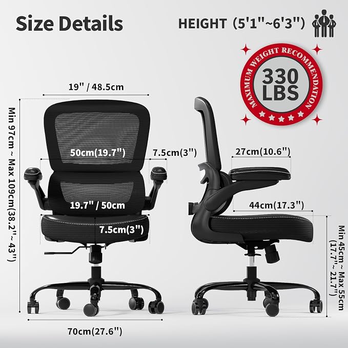TRALT Ergonomic Office Chair Desk Chair with Adjustable Lumbar Support | Desk Chair Comfy with Flip-up Armrests Ergonomic Chair - Mesh Computer Chairs for Adults, 330lbs, PU Leather (Black, 1) - Image 2