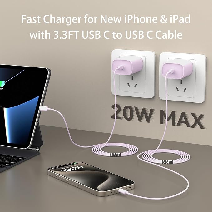 iPhone 17 16 15 Pro Max Charger Fast Charging, 3.3FT iPhone 17 Charging Cable(65W/3A) USB C Cord with 20W PD Fast iPhone 17 Pro Max Chargers Block for iPhone 17/17 Pro Max/17 Air/16/15 Series, iPad - Image 6