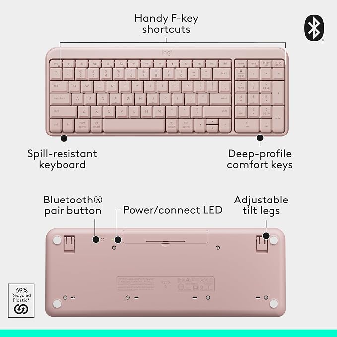 Logitech MK250 Compact Bluetooth Wireless Keyboard and Mouse Combo - Rose | Bluetooth connection only, compact keyboard with number pad, small ambidextrous M196 mouse with 3 non-customizable buttons - Image 8