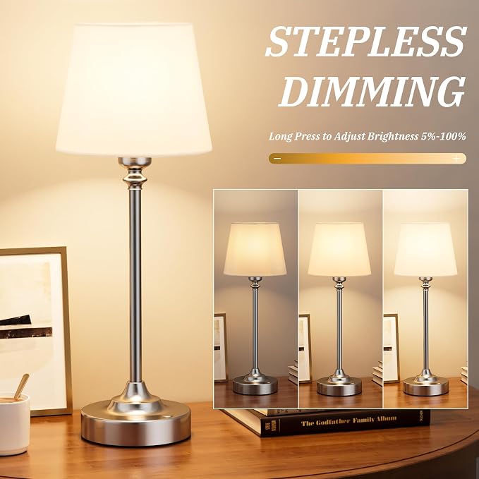 Kakanuo Cordless Table Lamps Rechargeable Set - 2 Pack Silver 4000mAH Battery Operated Lamps for Decor, 3000K Stepless Dimming Touch Wireless Lamp for Bedroom, Dining Table, Living Room, White Shade - Image 2