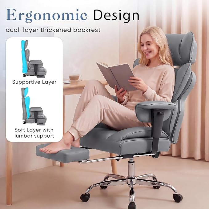 DUMOS Big and Tall Home Office Desk Chair, Executive Chair with Footrest | PU Leather, Ergonomic Comfy Lumbar Support, High Back Reclining, Adjustable Armrests, Grey - Image 7