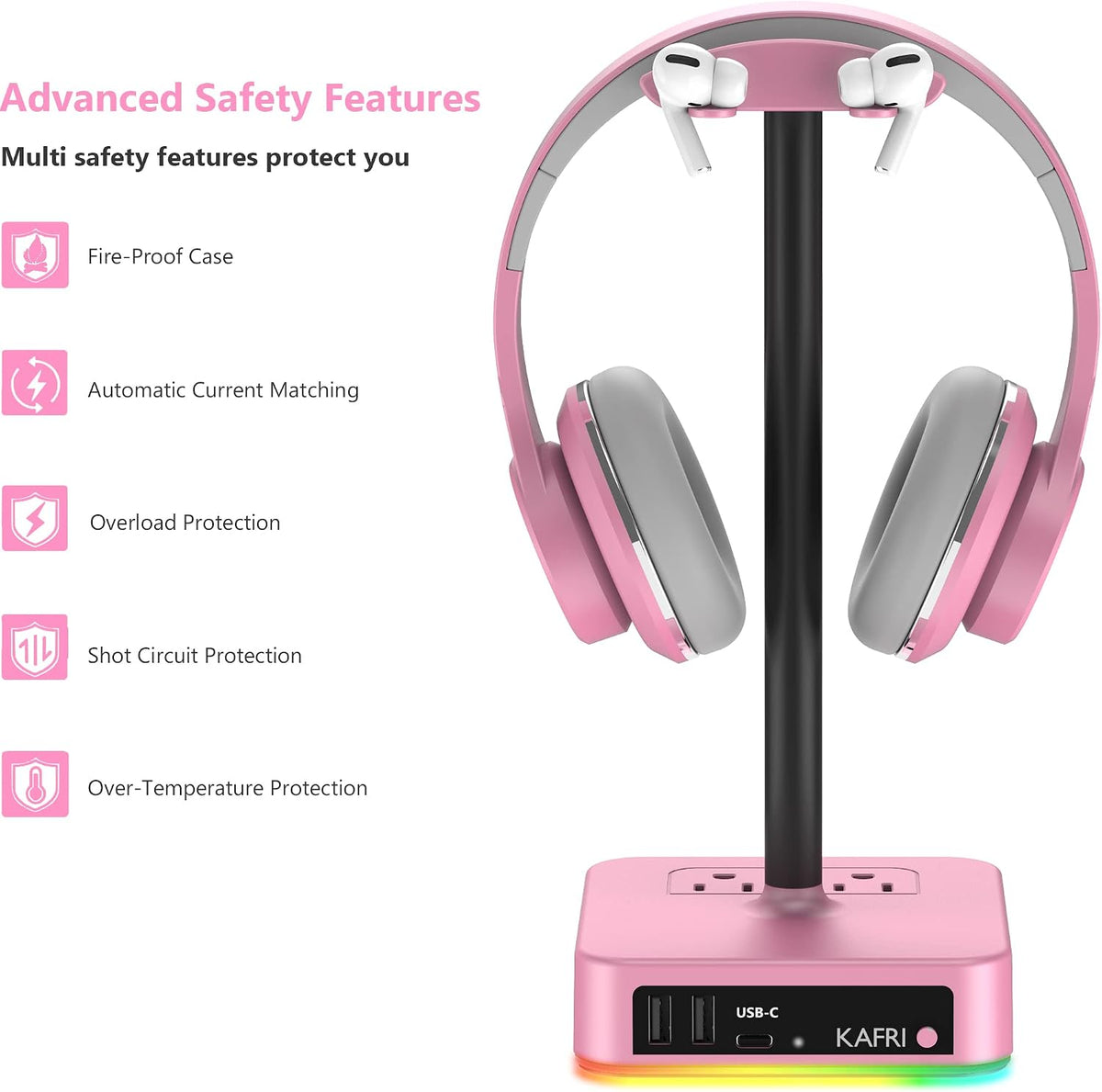 KAFRI RGB Headphone Stand with USB Charger Desk Gaming Headset Holder Hanger Rack with 3 USB Charging Port and 2 Outlet - Suitable for Gamer Desktop Table Game Earphone Accessories Girlfriend Gift - Image 6