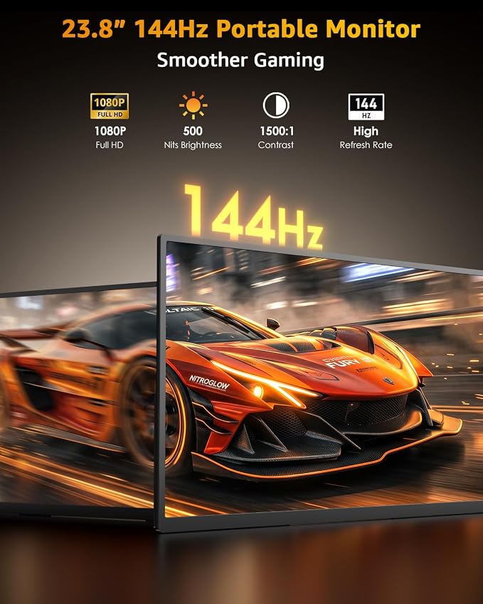 Yodoit Portable Monitor for Laptop 23.8" 144Hz 1080P Travel Gaming Monitor Screen IPS Display with USB Type C Port and Built-in Speakers Compatible with PC, Xbox Black - Image 2
