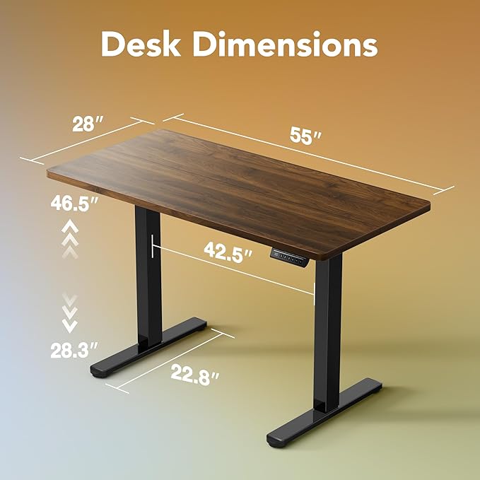 HUANUO 55x28 Inch Electric Standing Desk, Height Adjustable, Black Walnut | 176 Lbs Capacity, Smooth Home Office Desk, 4 Memory Presets & Headphone Hooks, 28.3–46.5 Inch Height Range, Easy to assemble - Image 3