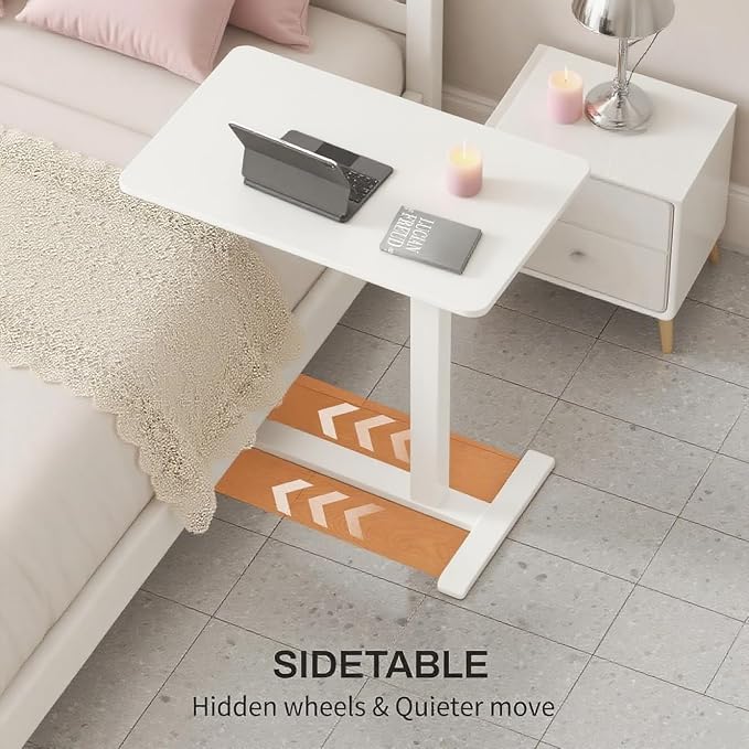Mobile Small Standing Desk with Hidden Wheels, Pneumatic Laptop Desk, Rolling Computer Cart Movable, Portable Rolling Computer Sit Stand Side Table for Couch, Home, Office, White - Image 4