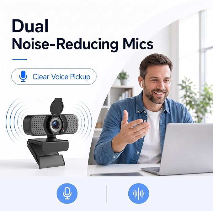 4K UHD Webcam with PDAF Autofocus, Dual Mics, USB-C Adapter, Privacy Cover | 87° view, auto white balance, low-light correction, 360° rotation, 35° tilt, 1.5 m USB-A cable and mini tripod - Image 3