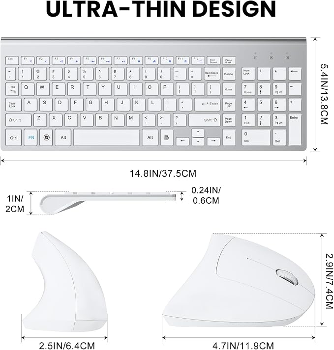 2.4GHz Wireless Vertical Ergonomic Mouse and Keyboard Combo Ultra-Thin Portable Size for PC Desktop Computer Laptop Mac Tablet (A) (Right) (White) - Image 4