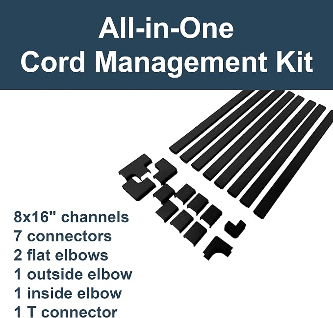 Legrand Wiremold C210SBK Cordmate II 128 Inch 20 Piece Cord Cover Kit, Organizer for Wall, Holds Up to 3 Cords or Cables, Sustainable Packaging, Black (1 Pack) | Cord Hider, On Wall, Self Adhesive, Hide up to 3 Cords, Cut to Size, Customizable, Cable C... - Image 2