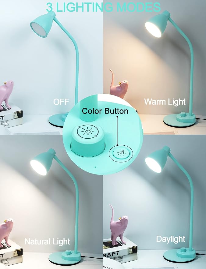 BOHON LED Desk Lamp with USB Charging Port, 3 Color Modes Dimmable, Teal | Reading Lamp, Auto Dimming Task Lamp, Flexible Neck Table Light for Office Dorm Bedside, Adapter Include - Image 2