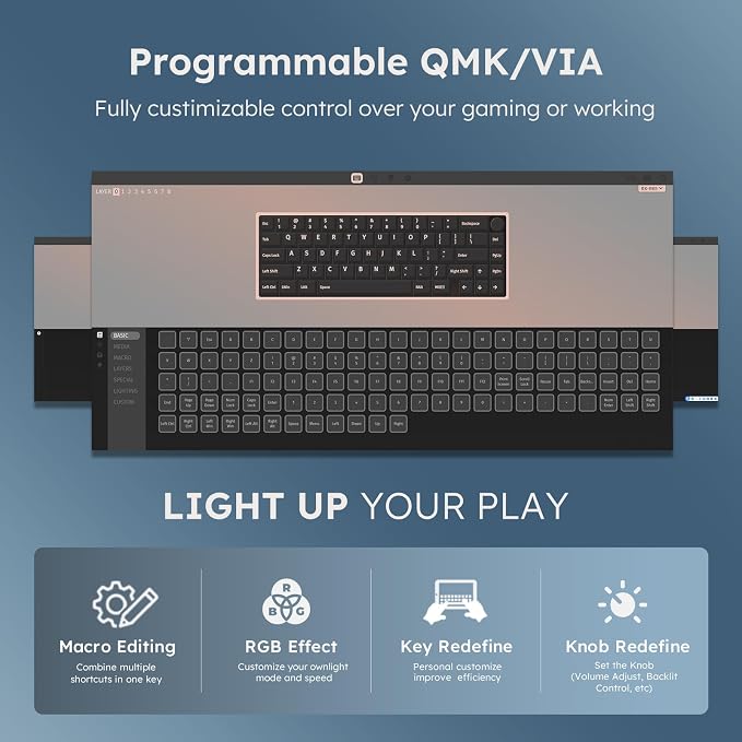 RK ROYAL KLUDGE R65 Wireless Mechanical Keyboard, 60% Keyboard with Knob | 60% RGB Gaming Keyboard with QMK/VIA, 3-Mode 2.4G/BT/Wired, Hot Swappable PCB, PBT Keycaps, 66 Keys, Cream Switch, Blue - Image 7