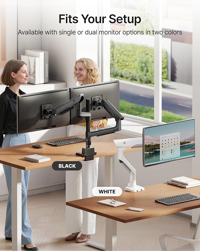 monTEK Dual Ultrawide Monitor Arm for 17-57" Screens, USB, White | USB-A/C ports, pneumatic lift, quick-release VESA 75/100 plates, clamp/grommet bases and hidden cable routing - Image 9