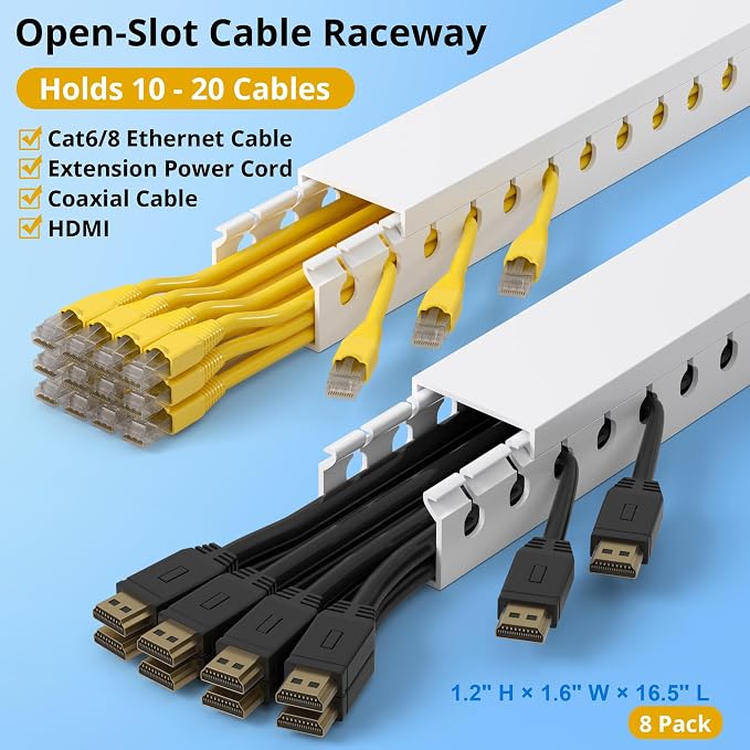 1.2" H x 1.6" W Cable Management Raceway, 132in Under Desk Channel, White | Slotted Wire Duct, 8Pack, 16.5in Each, Heavy-Duty PVC Cable Management for Server Racks, Network Cables & Electrical Cabinets - Image 3