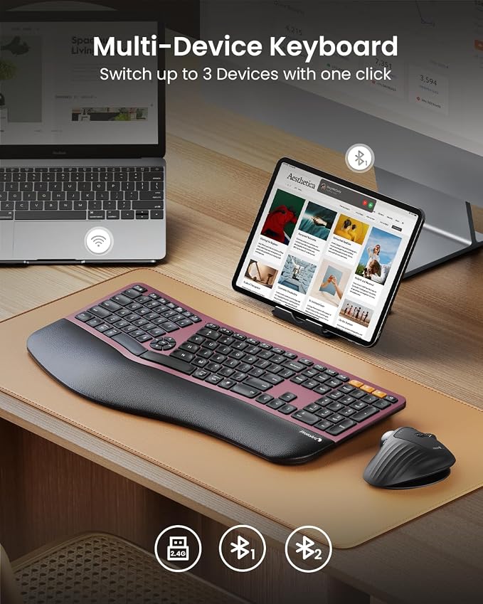 ProtoArc EK01 Plus Backlit Bluetooth Ergonomic Keyboard, Full Size, Red | Adjustable brightness, split design, cushioned wrist rest, connect 3 devices via Bluetooth/2.4G, 2000mAh USB-C rechargeable. - Image 4