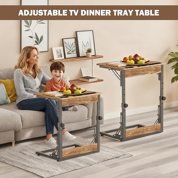 Folding TV Tray Table, Adjustable Height TV Trays for Eating on Couch | TV dinner tray table with tablet & phone slots,c shaped end table,laptop desk for sofa,bedside,recliner,dining,working,gaming - Image 2