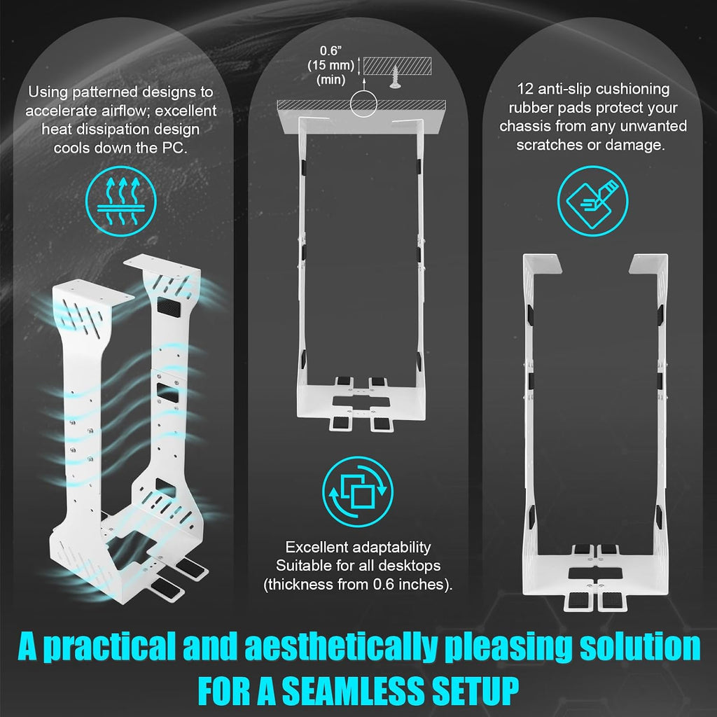 Heavy Duty Adjustable Under Desk PC Holder 7.5 to 12 Inch Wide, Supports up to 80 Lbs Load Capacity, Under Desk PC Mount, Wall Mount Space Saving Computer Case Tower Holder-White - Image 6