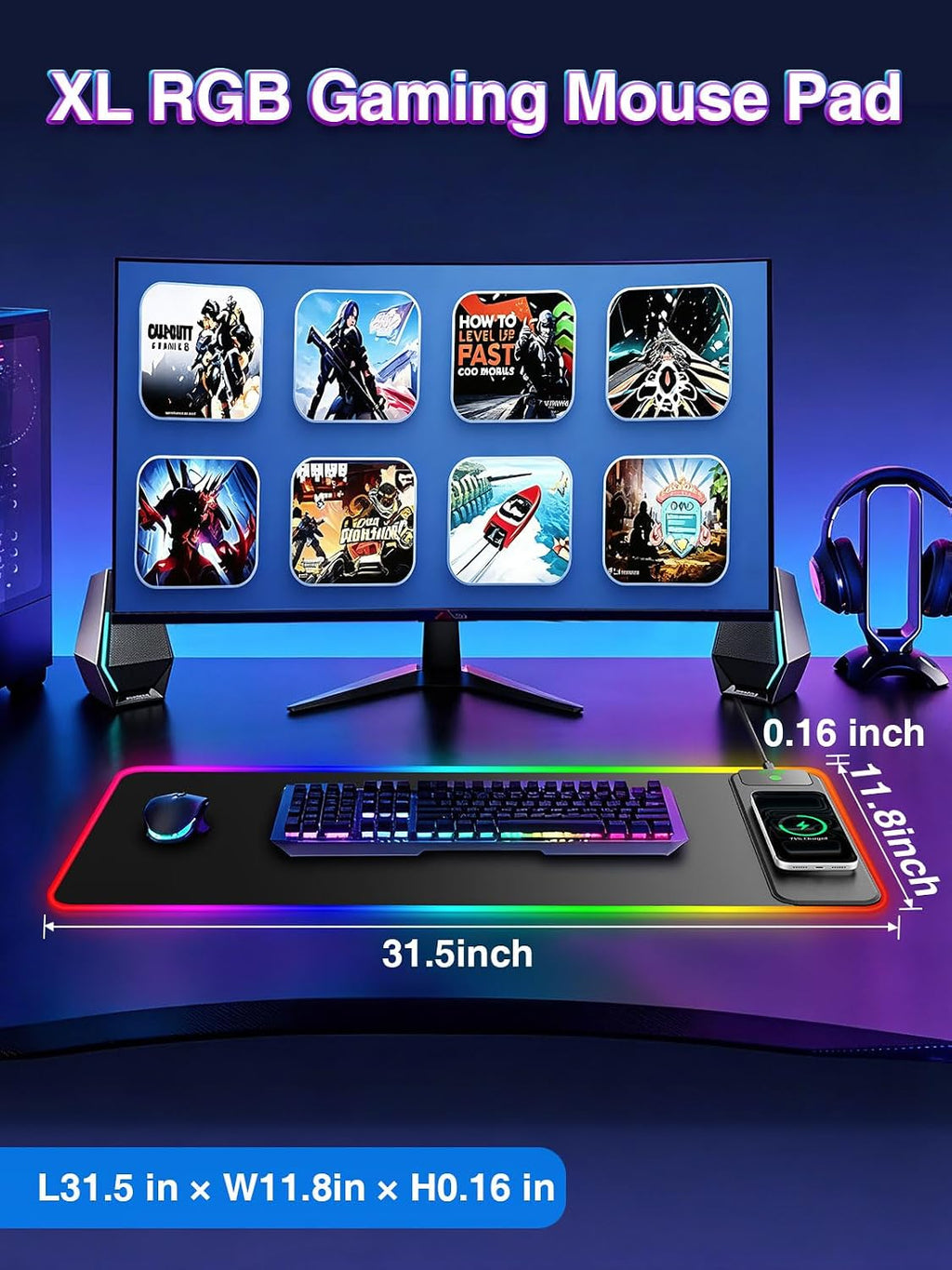 XL RGB LED Gaming Mouse Pad with 15W Magnetic Wireless Charging - Image 3