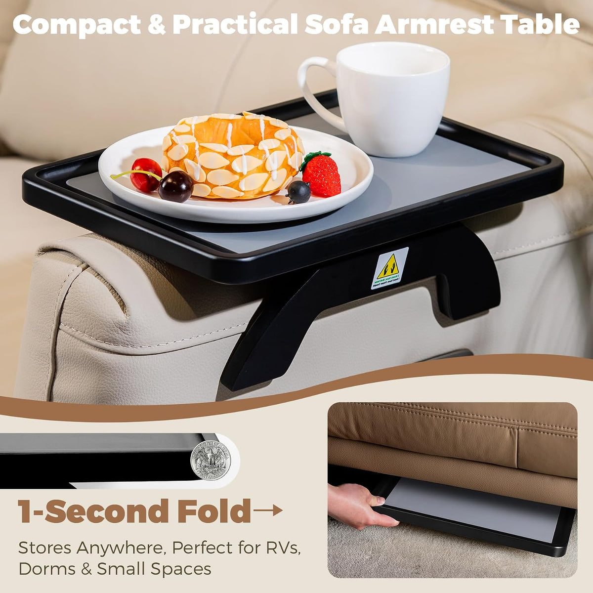 Couch Armrest Table, Foldable Bamboo Sofa Arm Tray for Couch with a Non-Slip Pad, Clip On Couch Arm Table for Remotes/Eatting/Drinks, Fits Sofa Armrest 3.5"-13.5" Black - Image 4
