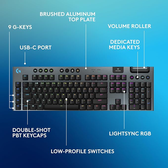 Logitech G915 X Lightspeed Wireless Gaming Keyboard (Linear) - Black | Low Profile, Mechanical Switches, Double-Shot PBT Keycaps, RGB lighting, Aluminum finish, PC/Mac Compatible - Image 6