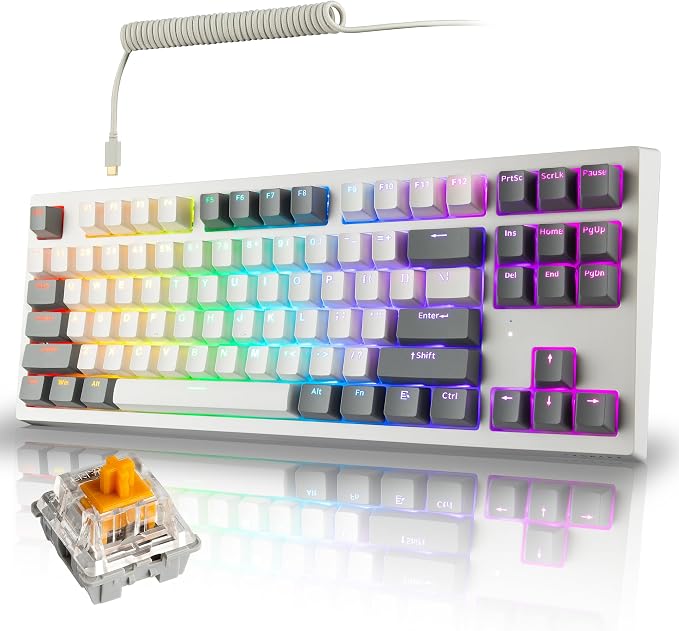 TECWARE Phantom+ Elite TKL 87 Key RGB Mechanical Gaming Keyboard | Wireless Bluetooth 5.0 2.4GHz USB C Wired | Hot Swappable 5 Pin | Double Shot PBT Keycaps | Creamy Wraith Orange Linear Switch, White by Tecware