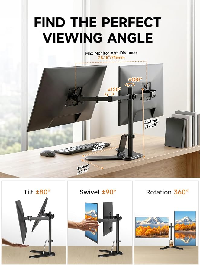 Dual Monitor Stand Mount, Free-Standing Full Motion Monitor Desk Mount for Two 13-32 inch, 15.43lbs, Adjustable Angle Height Monitors Arm, Desk Stand, Ergonomic L Feet, Black (ML7442) - Image 4