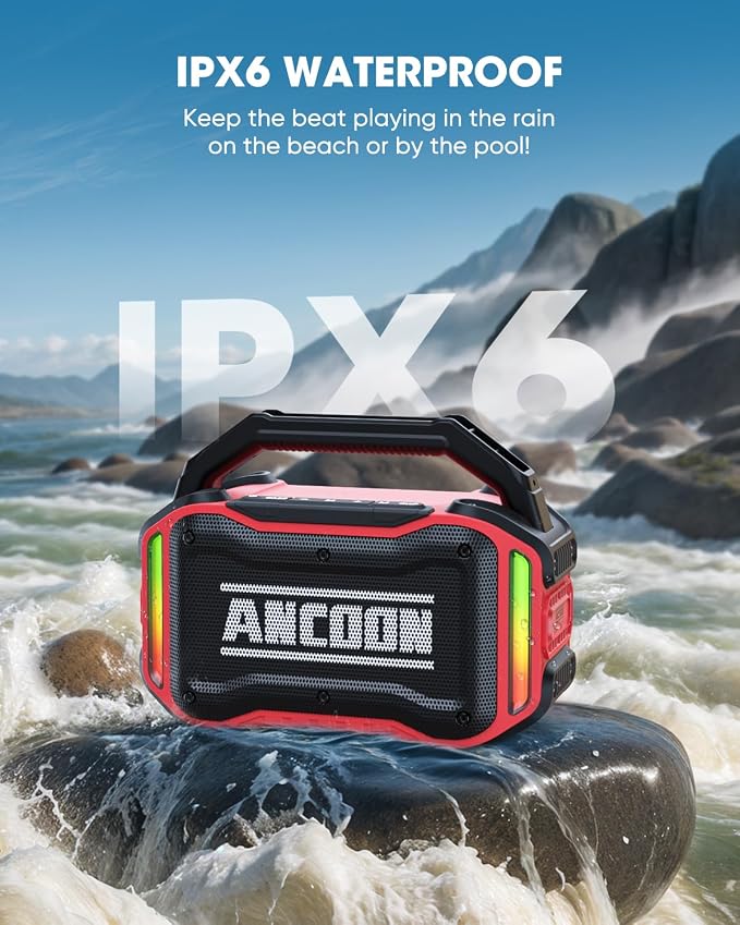 ANCOON Speakers Bluetooth Wireless: 80W(Peak) Loud Speaker with Bass, 20H Playtime, IPX6 Waterproof, Large Jobsite Speakers for Work, Outdoor, Workshop, Garage, Portable Speaker with TWS (Red) - Image 3