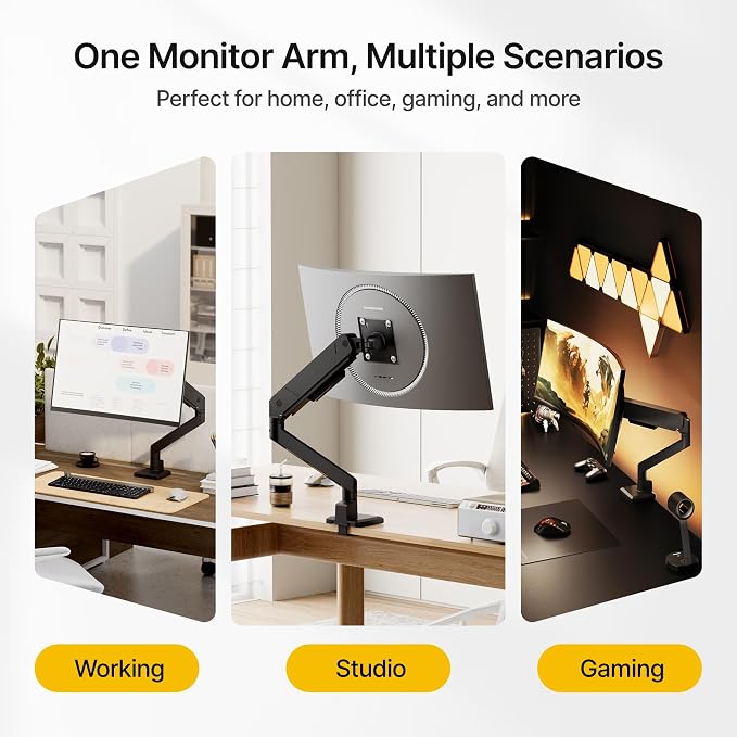monTEK Single Monitor Arm for Max 45 Inch Ultrawide Screens, Holds 35 Lbs | Adjustable Monitor Desk Mount with C Clamp/Grommet Desk Mount, Cable Management, VESA 75/100mm, Black - Image 9