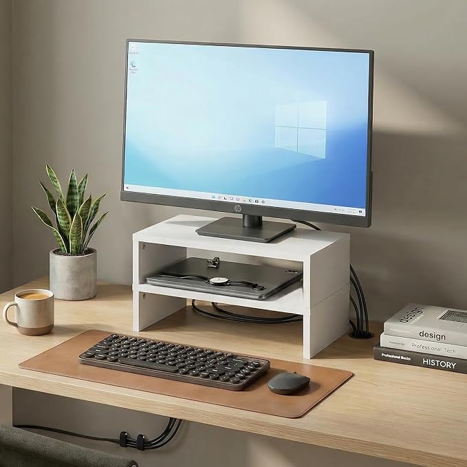 Furinno CLASSIC Monitor Stand Riser Set of 2, 15.7" Wide Dual Monitor Riser, Stackable Separable Laptop Stand for Desk, Desktop Organizers and Accessories, for Office Supplier, White - Image 3