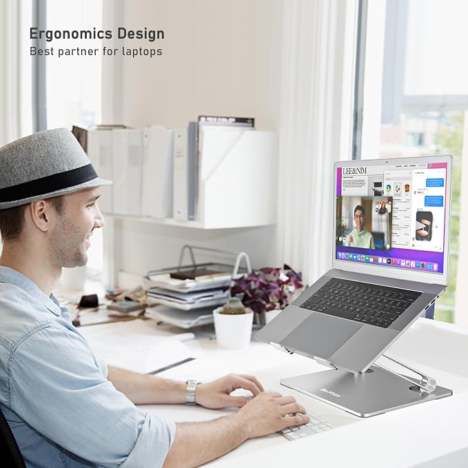 BoYata Laptop Stand, Adjustable Aluminum Riser for 15-Inch Laptops, Silver | Slide-proof silicone pads and protective hooks provide stable support for MacBook, notebooks and laptops up to 15 inches - Image 5
