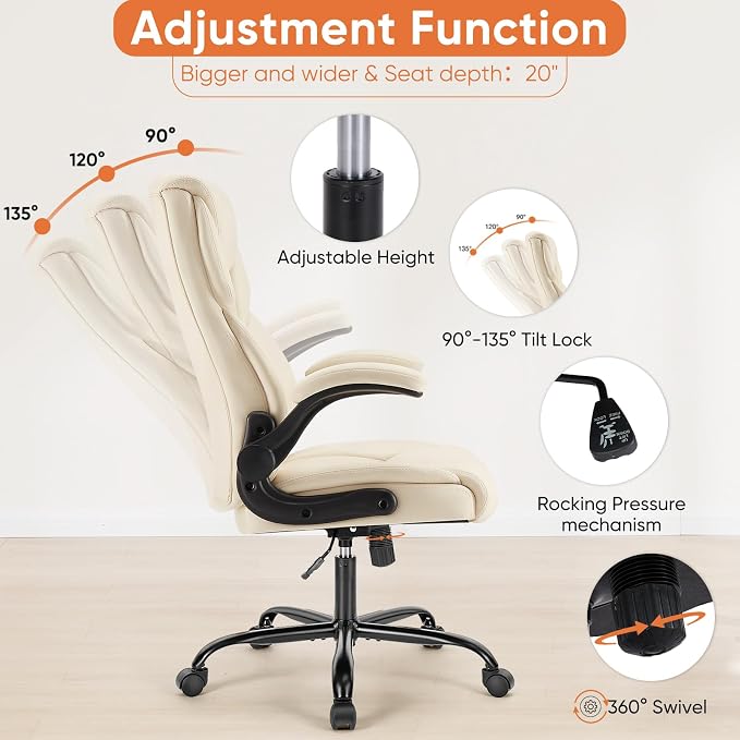 Sweetcrispy Home Office Desk Chairs, High Back PU Leather Chair | Heavy Duty, High Back, Flip-up Armrest, PU Leather, Height Adjustable, Rolling Wheels, Beige - Image 5