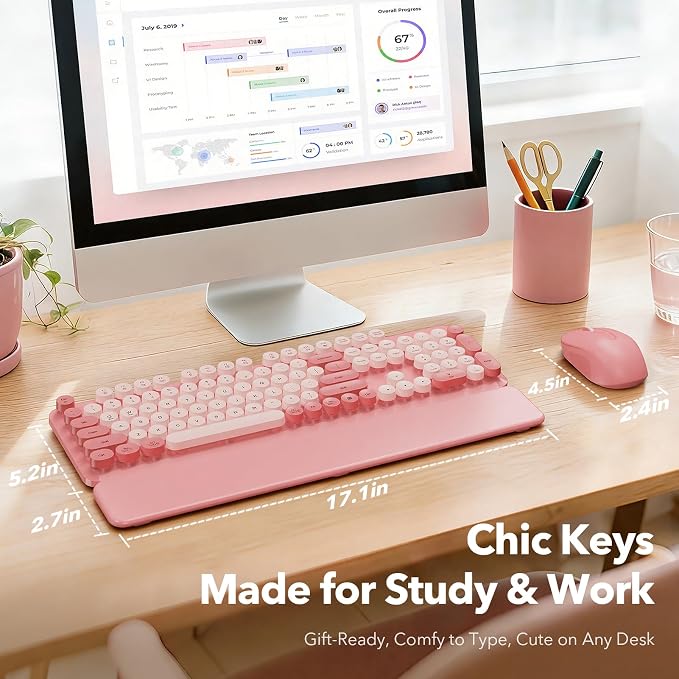 Wireless Keyboard and Mouse Combo, Pink, Round Keycaps, Magnetic Wrist Rest - Image 8