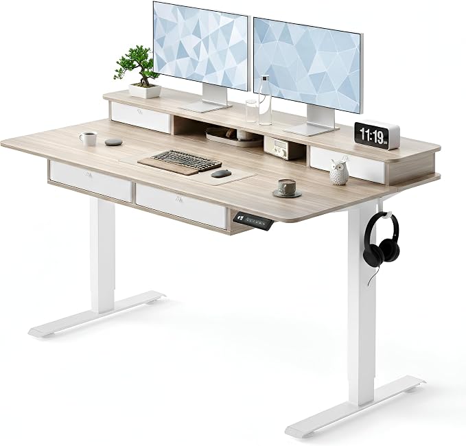 CubiCubi 55" x 30" Standing Electric Desk with Drawers, Light Rustic Brown | Height Adjustable Workstation, Computer Sit Stand Up Office Table with Large Storage Shelf, 4 Drawers and 2 Hooks by CubiCubi
