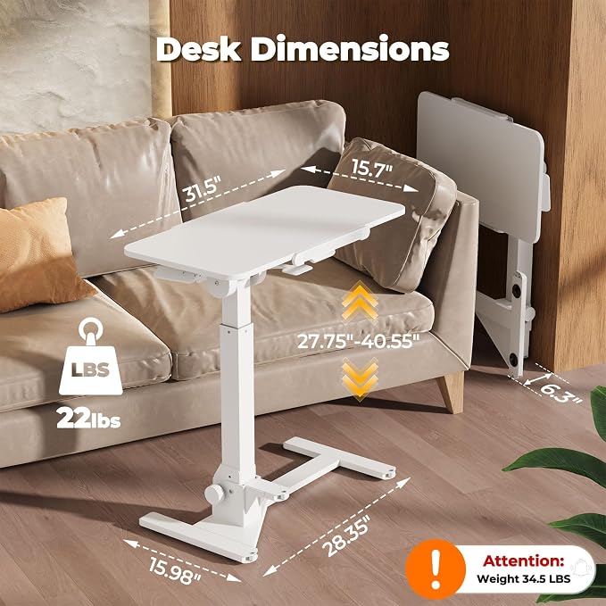 JOY worker Foldable Mobile Standing Desk, 180° Tilt Overbed Bedside Table | Height Adjustable, 31.5" White MDF Top with Lips, Collapsible Top & Base for Storage, Poratble Laptop Desk for Home Hospital - Image 2