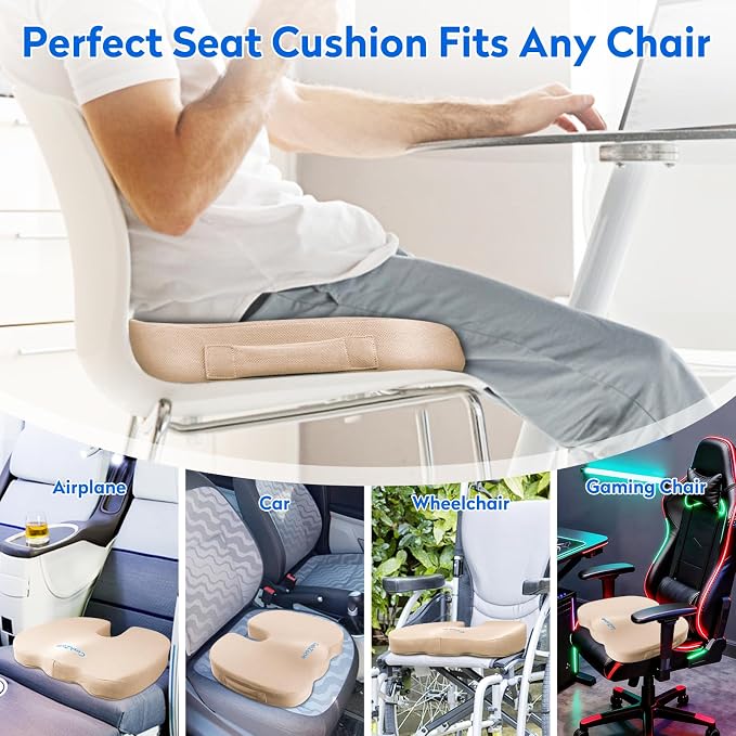 CushZone Memory Foam Seat Cushion for Office Car & Wheelchair, Khaiki | U-shaped Coccyx Cutout, Contoured Design, Breathable Removable Mesh Cover, Non-Slip Base, Carry Handle - Image 5