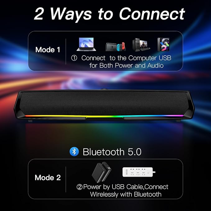 Computer Speakers for Desktop,PC Speakers Gaming Sound bar with Colorful Light,USB Speaker With Bluetooth for PCs Desktop Laptop Tablets,Wired Bluetooth Speaker for Phones(Type-C Adapter Included) - Image 3