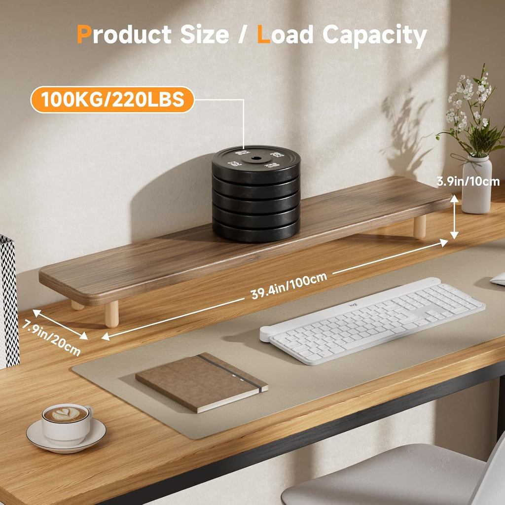 Dual Monitor Stand Riser, 39 Inch Extra Long Wooden Desktop Monitor Riser with Storage for 2 Monitors Ultra Strong Desk Shelf Organizer Riser Ergonomic for 2 Screens/Laptop/PC/TV/Printer -Light Walnut - Image 3
