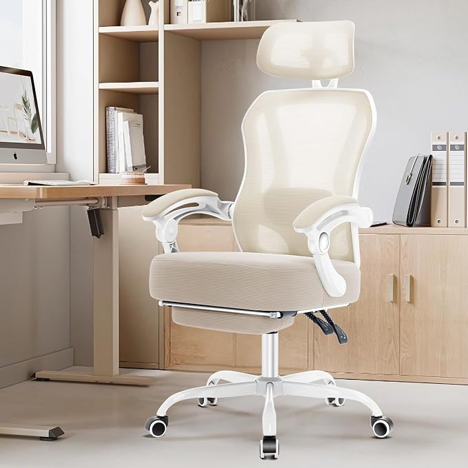 Ergonomic Office Chair with Footrest,Ultra Thick Desk Chair,Cream | 150°Reclining,Mesh High Back,Adjustable 2D Lumbar Support and Headrest,4.8" Spring Cushion,Premium Computer Chair for Adults - Image 8