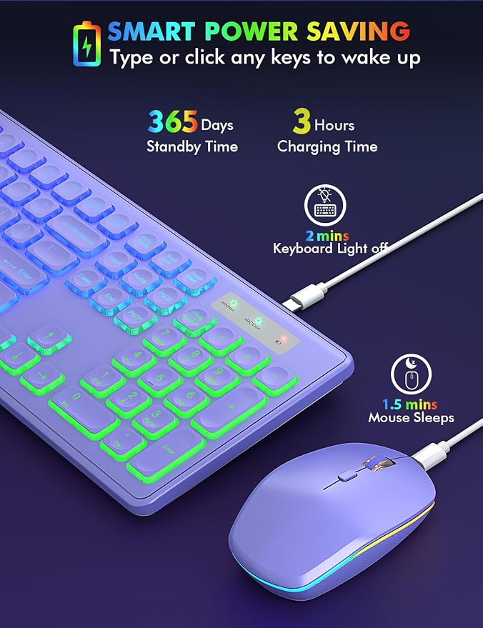 Wireless Keyboard and Mouse Combo with RGB Backlit, Rechargeable | Light Up Letters, Full-Size, Soft Typing, Sleep Mode, 2.4GHz Quiet Keyboard Set for Mac, Windows, Laptop, PC, Trueque KM42Pro - Image 3