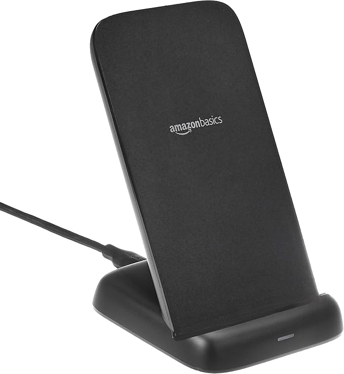 Amazon Basics Wireless Phone Charger Stand, 10W Qi Certified with USB Cable, Compatible with iPhone 16/15/14/13/12/11/X, Samsung & More, with USB Cable, Black (No AC Adapter) by AmazonBasics