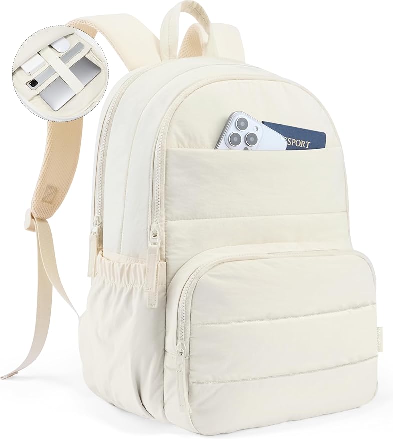 Uselike Travel Backpack for Women, 15.6 Inch Laptop Backpack, Quilted College Bookbag, Cute Work Backpacks, Water Resistant (Beige) by Uselike
